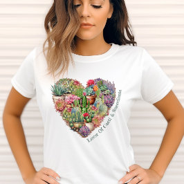 Camiseta Superfície De Cactos E Suculentes Em Forma De Cora