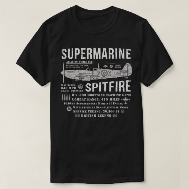 Camiseta SuperMarine Spitfire British RAF Fighter Plane WWI (Frente do Design)
