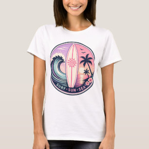 Camiseta Surf • Sol • Mar Insígnia de Onda Tropical Retro  