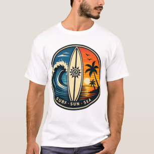 Camiseta Surf Sol Mar Insígnia Retro – Pôr do Sol na Praia 