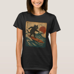 Camiseta Surfando Gato Preto Estilo de Arte Japonês Distres