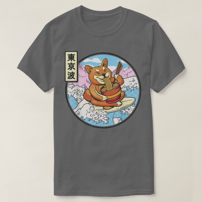 Camiseta Surfando Shiba Inu Comendo Ramen Japão Ondas Kawai (Frente do Design)
