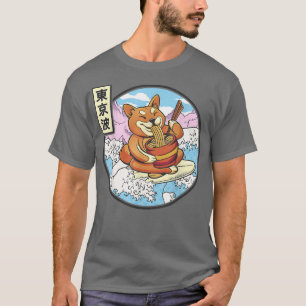 Camiseta Surfando Shiba Inu Comendo Ramen Japão Ondas Kawai