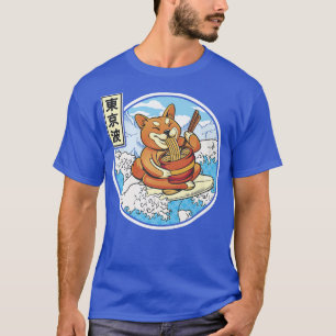 Camiseta Surfando Shiba Inu Comendo Ramen Japão Ondas Kawai