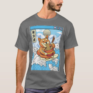 Camiseta Surfando Shiba Inu Comendo Ramen Japão Ondas Kawai
