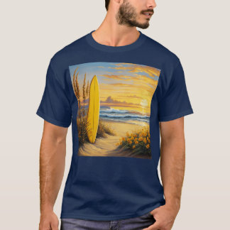 Camiseta Surfboard amarela na areia da praia