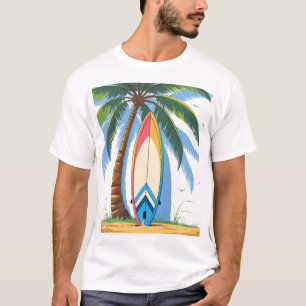 Camiseta Surfboard inclinada sobre uma palmeira no verão