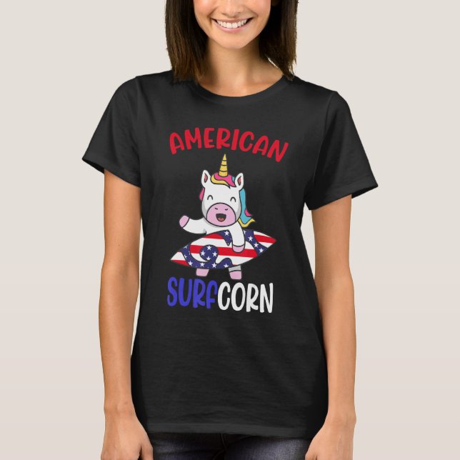 Camiseta Surfboard Usa Unicorn 4 De Julho Crianças Patriota (Frente)
