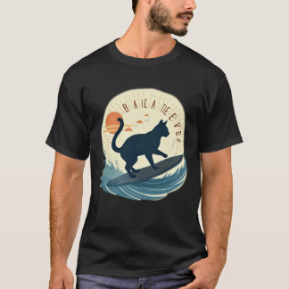 Camiseta Surfer Cat Silhouette Abstract Retro Beach Waves
