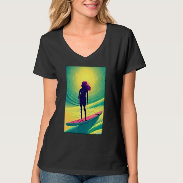 Camiseta Surfergirl Girl Woman Surfboard Waves Sea Vacation (Frente)