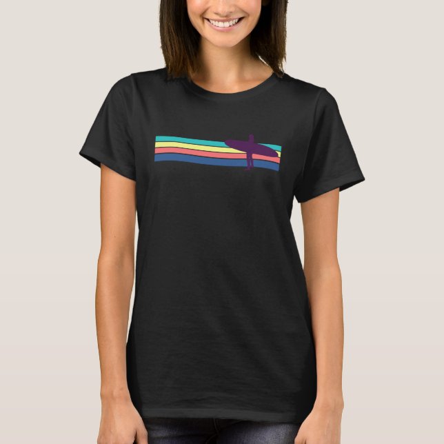 Camiseta Surfing Girl Retro surf stripe com um Longboard (Frente)