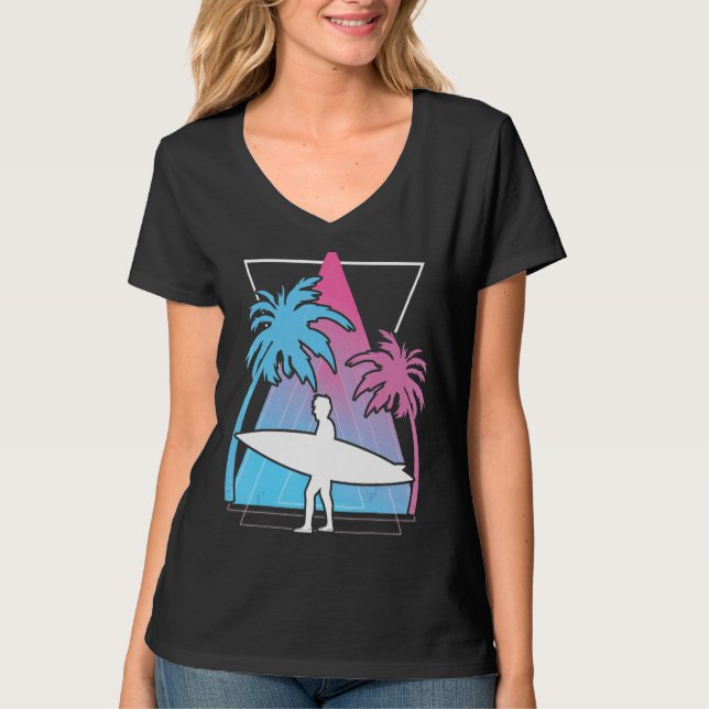 Camiseta Surfing Palm Tres Surfboard Synthwave Watersport (Frente)