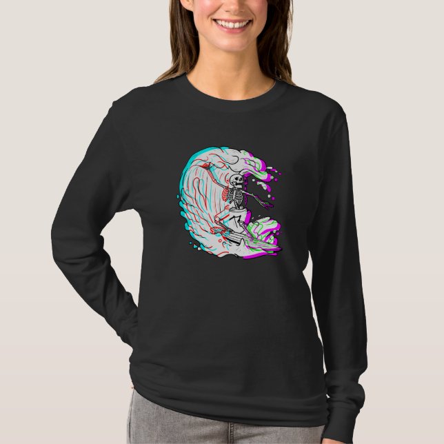 Camiseta Surfing Skeleton Funny Beach Surfer Surf Vaporwave (Frente)