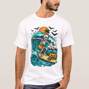 Camiseta Surfista Esqueleto Abóbora Onda Morcegos Lua Cheia