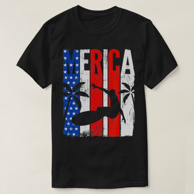 Camiseta Surfista Patriótica Americana Surfboard 4º De Ju (Frente do Design)