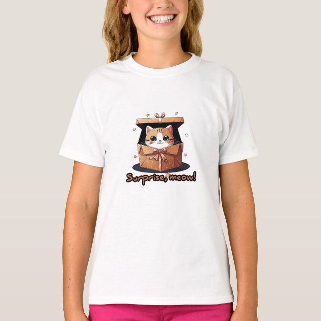 Camiseta Surpresa Camisa-T-Meow, Gato-Pô-Po-Fora da Caixa (Frente)