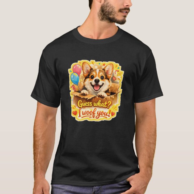 Camiseta Surpresa Corgi – “Adivinhe? Eu te amo!” (Frente)