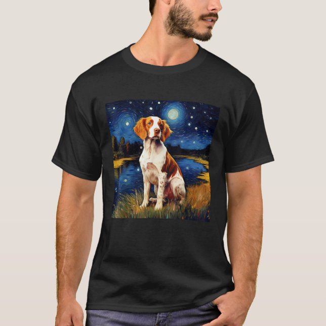 Camiseta Surreal Starry Night Brittany Spaniel Dog (Frente)