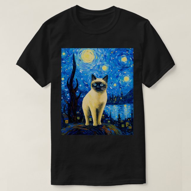 Camiseta Surreal Starry Night Siamese Cat (Frente do Design)