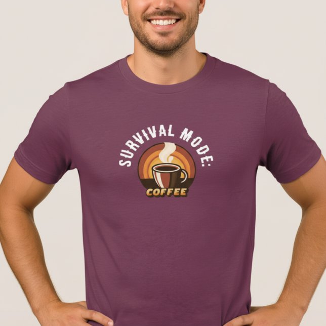Camiseta Survival Mode Coffee • Funny Coffee Lover Design (man wearing maroon Survival Mode Coffee t-shirt with retro design on beige background)