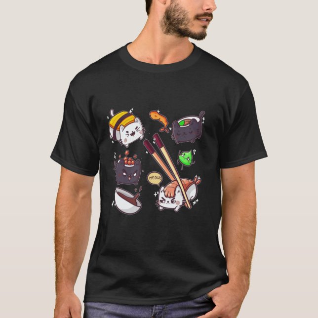 Camiseta Sushi Cat Foodie Japonês Anime Gato Louco Su (Frente)