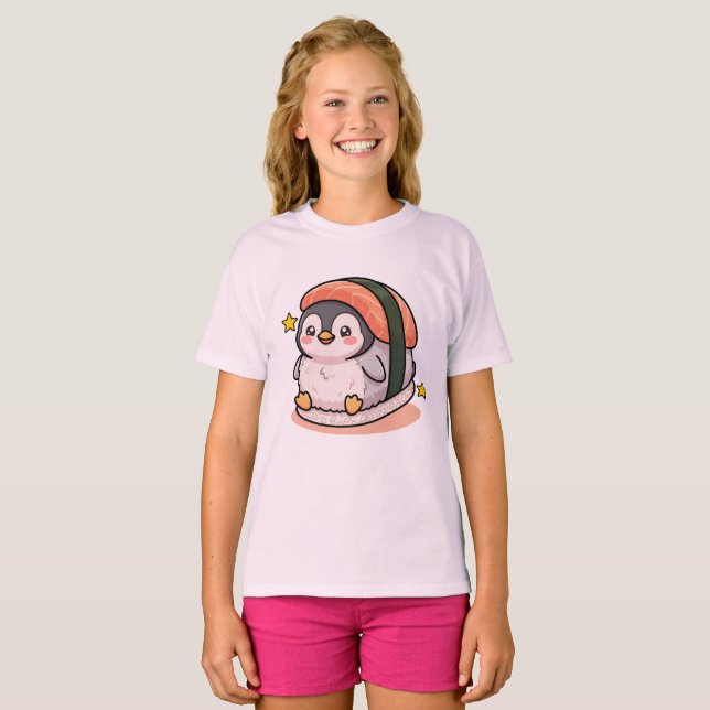Camiseta Sushi de Pinguim Fofo Kawaii Comida Japonesa  (Frente Completa)