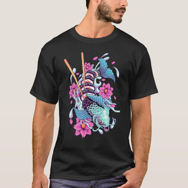 Camiseta Sushi Koi Fish Japonês Koi Carp Pond Japão Cherry (Frente)
