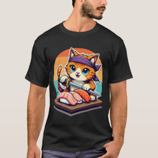 Camiseta Sushi Master Cat com Sunset segurando faca Katana