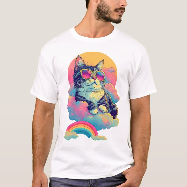 Camiseta Swag Cat Retro Chill Cat com Rainbow Aura (Frente)