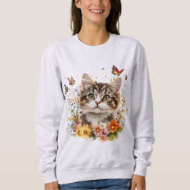 Camiseta Sweatshirt com Adorável Gatinho com Flores