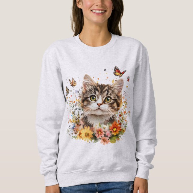 Camiseta Sweatshirt com Adorável Gatinho com Flores (Frente)