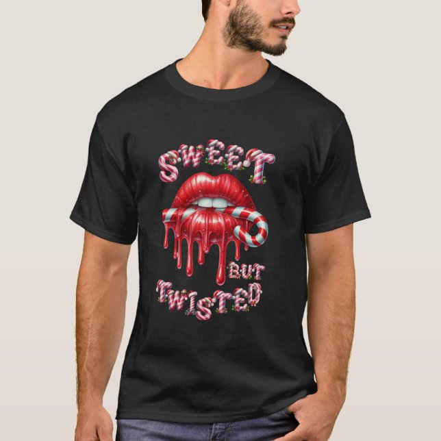 Camiseta Sweet But Twisted Valentine Lips Candy Cane Stick  (Frente)