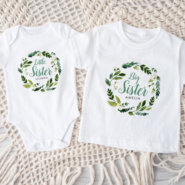 Camiseta Sweet Greenery Floral Big Sister Nome Monograma (Criador carregado)