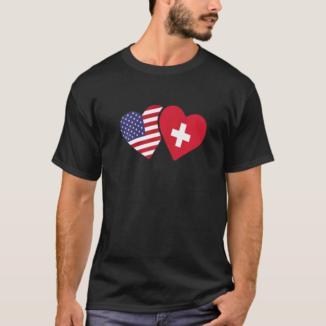 Camiseta Switzerland USA Flag  Heart Swiss American Love (Frente)