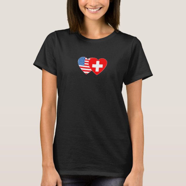 Camiseta Switzerland USA Flag Twin Heart for Swiss American (Frente)