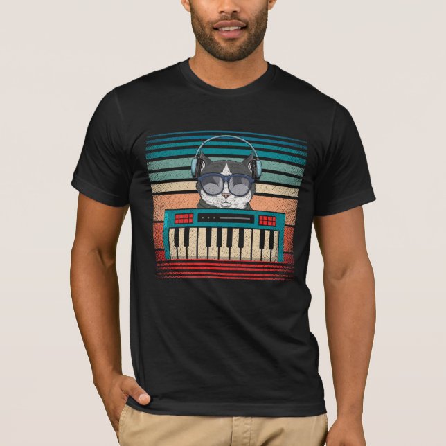 Camiseta Synthesizer Keyboard Music Produtor Cat Lover (Frente)