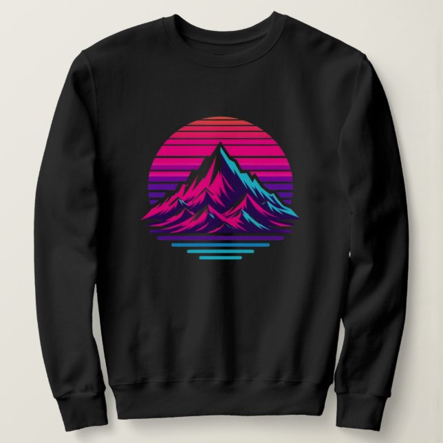 Camiseta Synthwave Mountain Sweatshirt – Retro Sunset Stree (Frente do Design)
