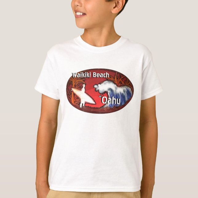 Camiseta T alaranjado do surfista dos meninos de Oahu Havaí (Frente)
