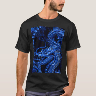 Camiseta T chinês azul do gráfico da arte do dragão
