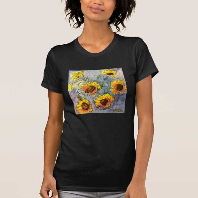 Camiseta T preto dos girassóis (Frente)