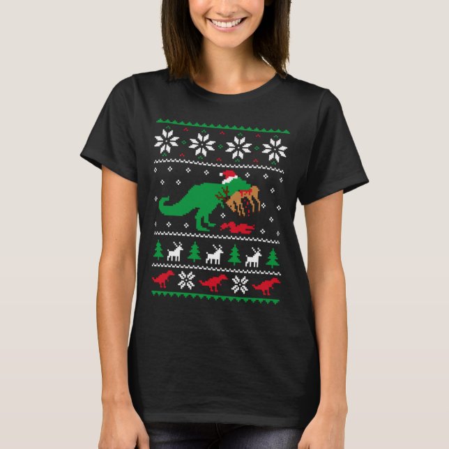 Camiseta T Rex Comendo Rena Dinossauro Engraçado Natal Feio (Frente)