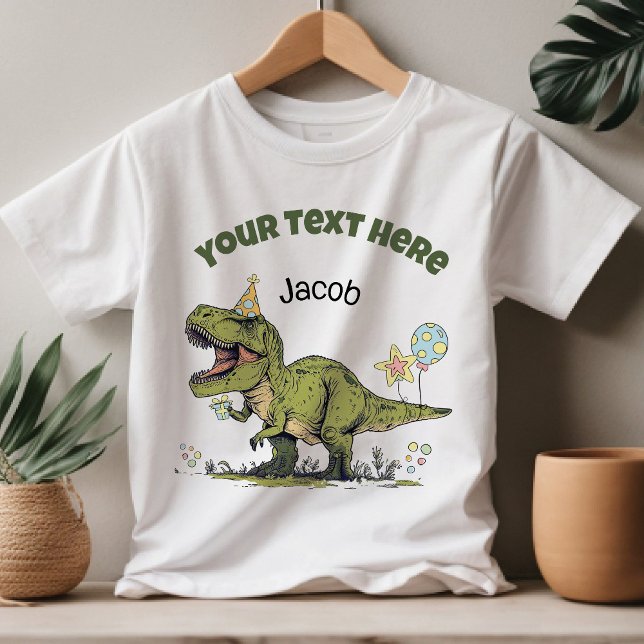 Camiseta T-Rex Cute Dinosaur Theme Party Custom Name & Text (Cute funny cartoon T-Rex dinosaur theme custom text name kids birthday party or adoption day t-shirt)