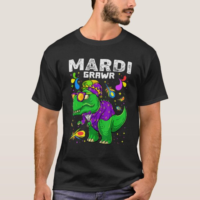 Camiseta T Rex Dinosaur Mardi Gras Bead Costume Mardi Grawr (Frente)