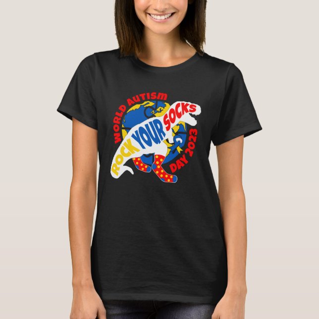 Camiseta T REX Dinossaur Agita Sua Meias Autismo Consciênci (Frente)