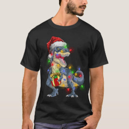 Camiseta T Rex Dinossaur Feliz Natal Luz Santa Hat