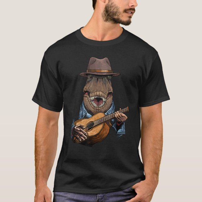 Camiseta T Rex Dinossaur Jogando Guitarra Dino (Frente)