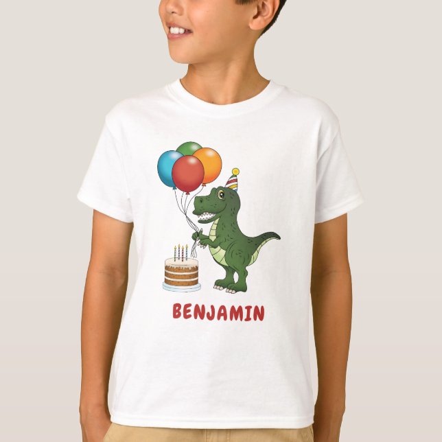 Camiseta T-rex Dinossauro Balões Coloridos Aniversário Nome (Frente)