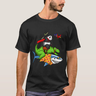 Camiseta T-Rex Dinossauro E Panda Montando Tubarão