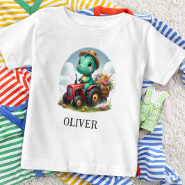 Camiseta T-Rex Dinossauro Fofo Dirigindo um Trator Vermelho