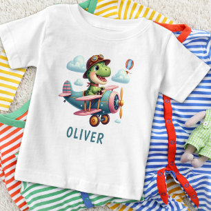 Camiseta T-Rex Dinossauro Fofo Voando um Avião Encantador
